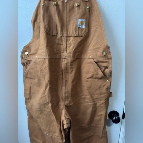 Vintage 90s Carhartt Tan Worker Cargo Double Knee Overalls 42 X 34 - Picture 7 of 9